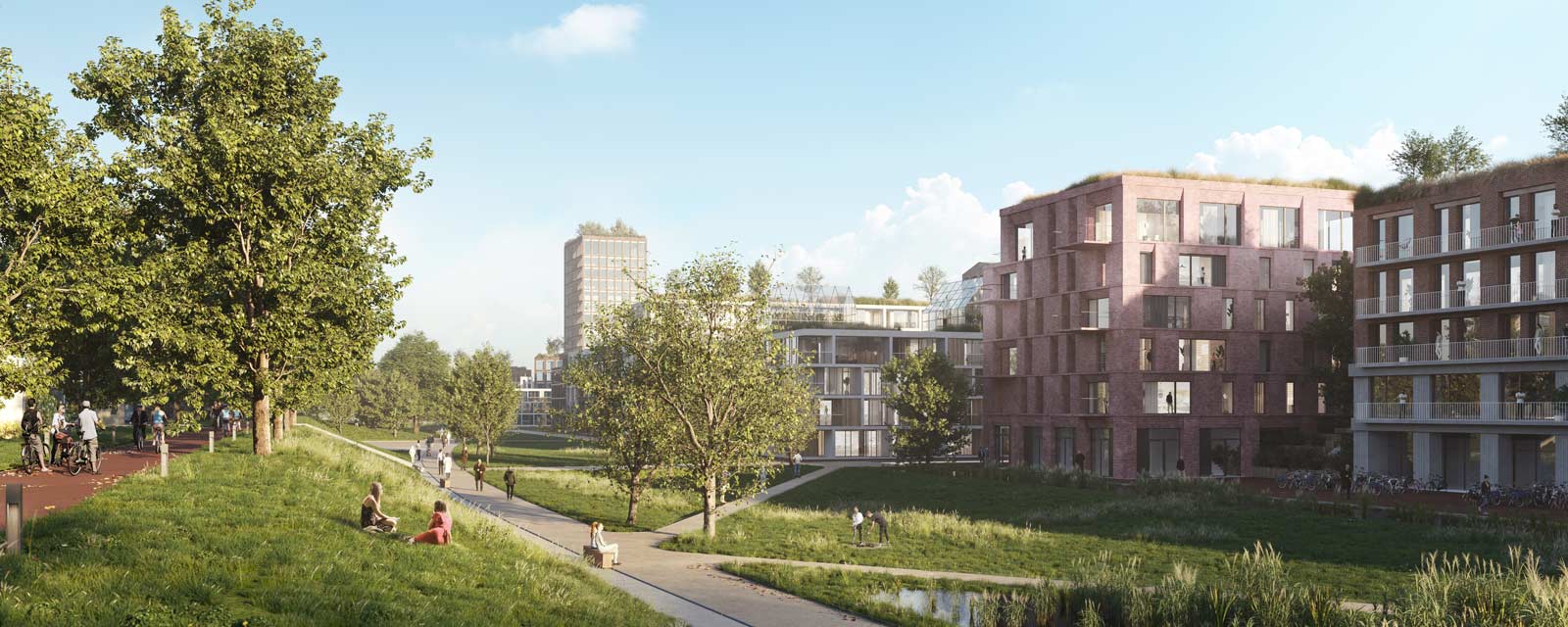 park image showing dike on the left and residential buildings on the right for project Klaprozenbuurt by BETA architect Amsterdam Evert Klinkenberg Auguste Gus van Oppen