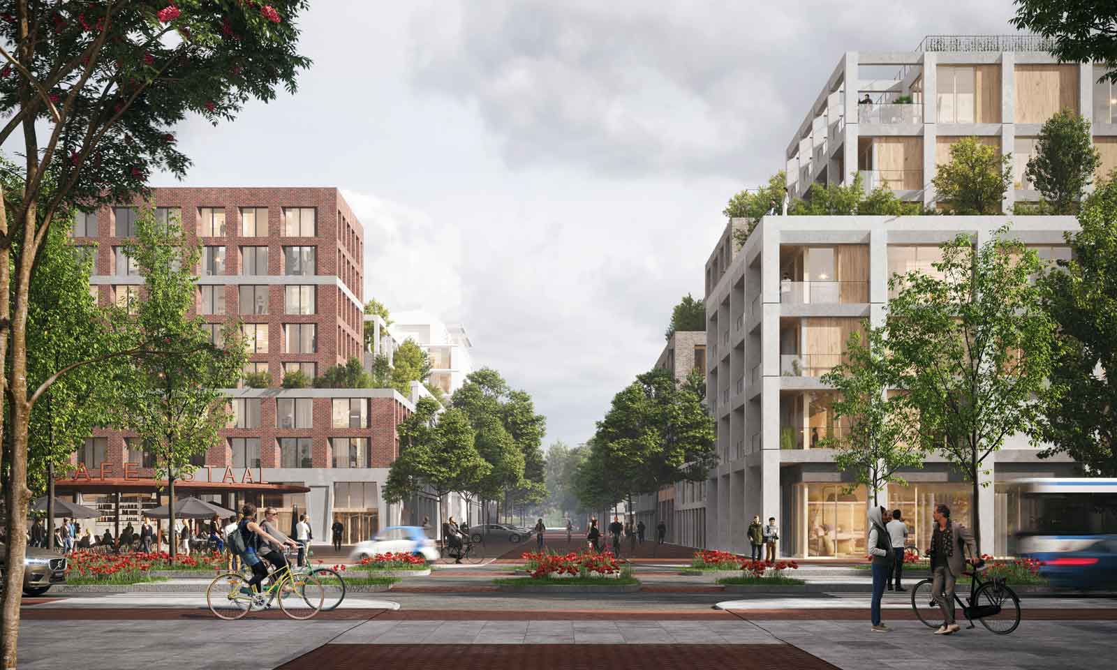 streetlevel image looking across the Klaprozenweg into the Draaierweg with a square to the left in project Klaprozenbuurt by BETA architect Amsterdam Evert Klinkenberg Auguste Gus van Oppen