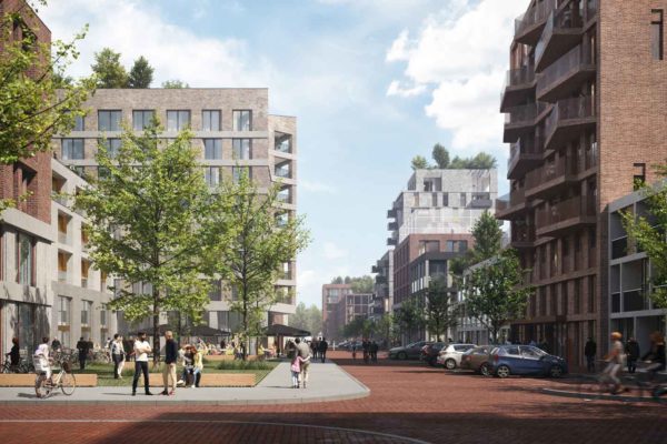 streetlevel image of the intimate Slijperplein in project Klaprozenbuurt by BETA architect Amsterdam
