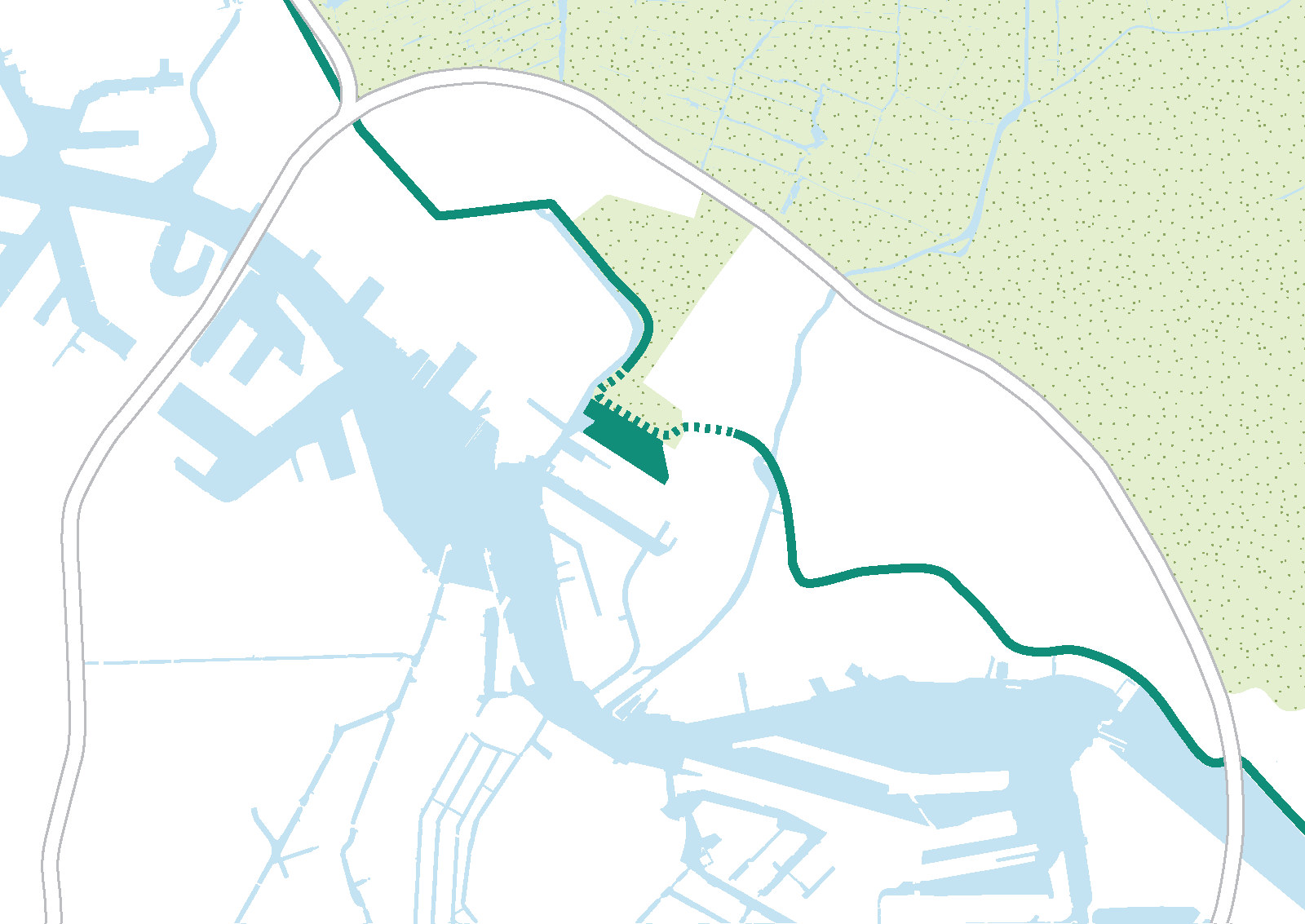 2d map at Amsterdam scale showing position of the Klaprozenbuurt and the historic dike by BETA architect Amsterdam Evert Klinkenberg Auguste Gus van Oppen