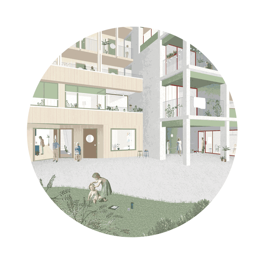 collage about intergenerational living hybrid urban block by beta architect amsterdam evert klinkenberg gus auguste van oppen