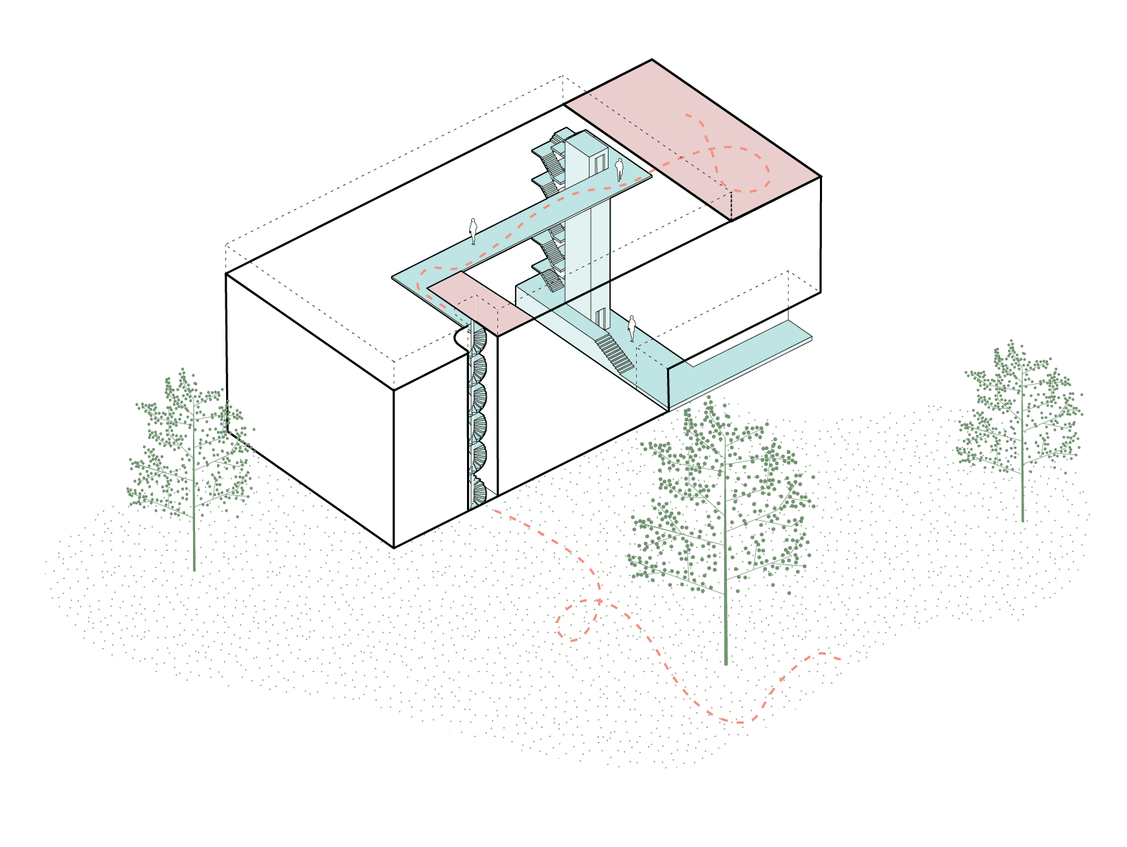 isometric scheme showing access system and collective spaces in wisselspoor utrecht project by beta architect amsterdam evert klinkenberg gus auguste van oppen