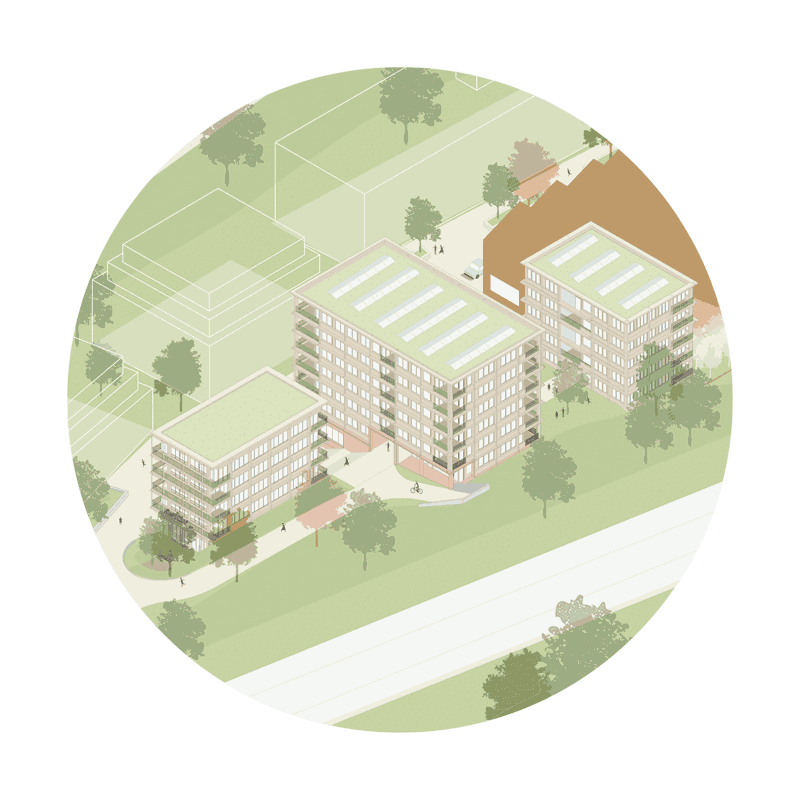 axo illustration showing Place de Quartier urban hinge by beta architect amsterdam evert klinkenberg gus auguste van oppen