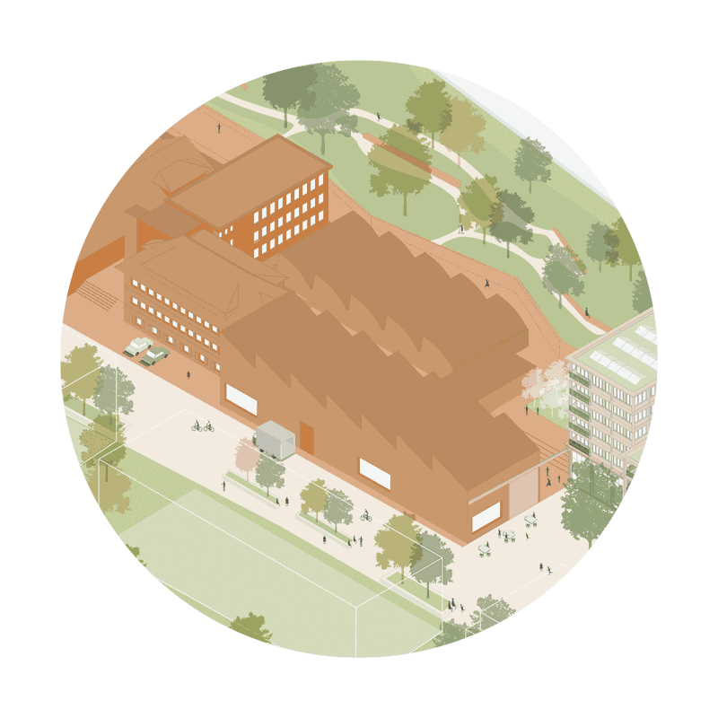 axo illustration showing Podium Manufacture urban hinge by beta architect amsterdam evert klinkenberg gus auguste van oppen