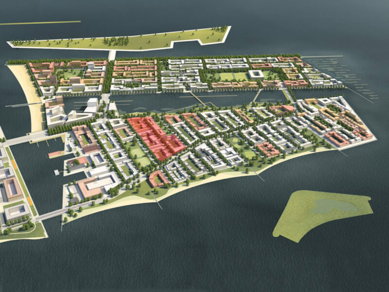 aerial artist impression of Amsterdam strandeiland new land development