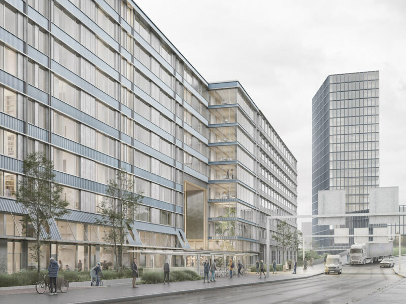 render of apartment building along busy street at güterbahnhof wolf project in basel by beta evert klinkenberg auguste gus van oppen image by filippo bolognese