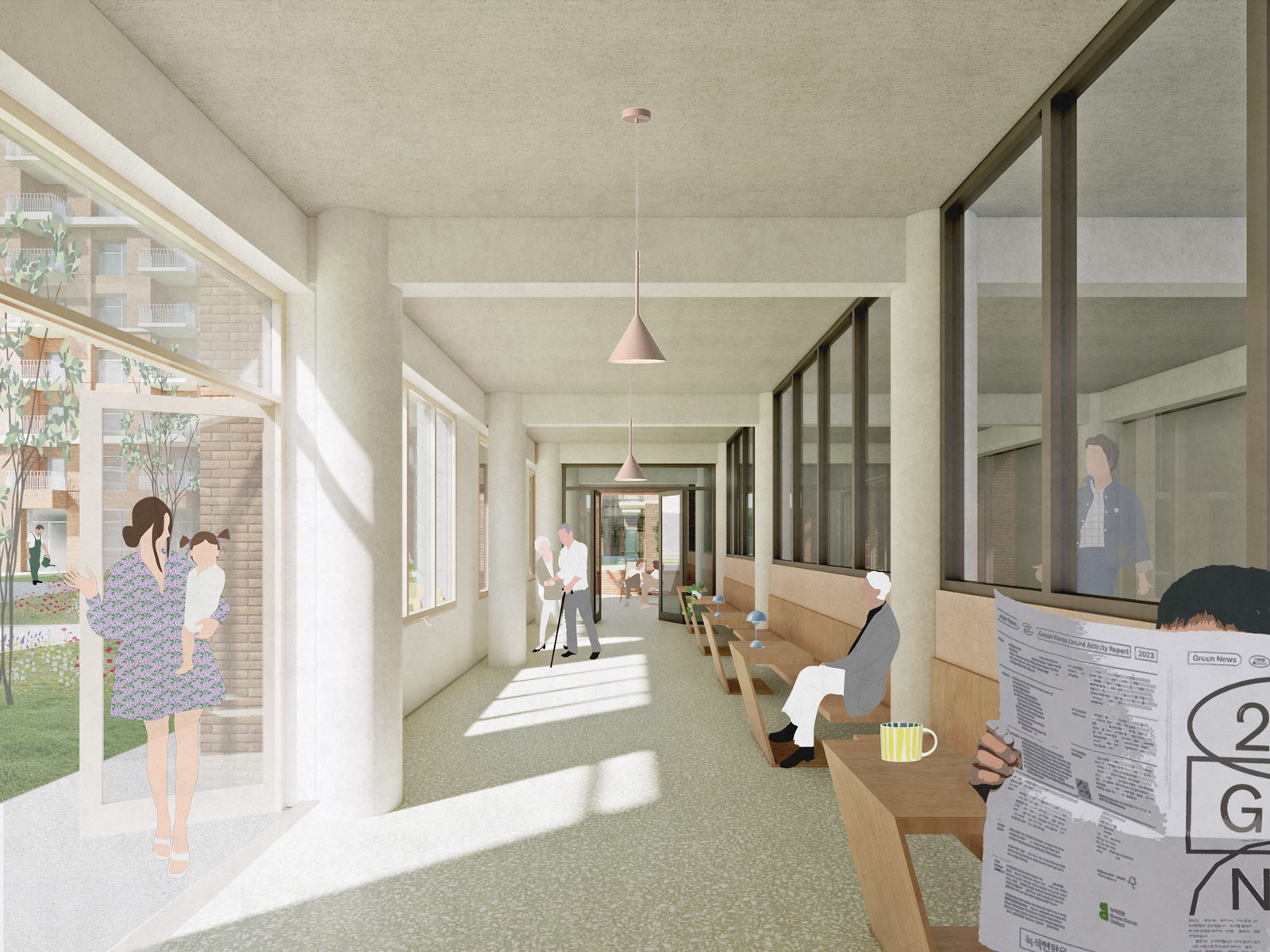 click to enlarge and start slideshow interior collage of collective space in Hoogveen elderly housing project by beta architects amsterdam evert klinkenberg auguste gus van oppen