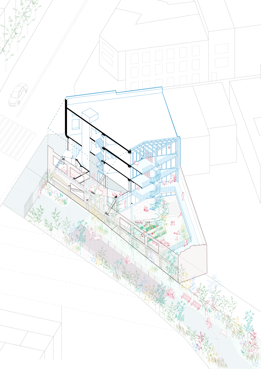 exploded axonometric of Masuistraat project in Brussels by beta evert klinkenberg auguste gus van oppen and kaderstudio