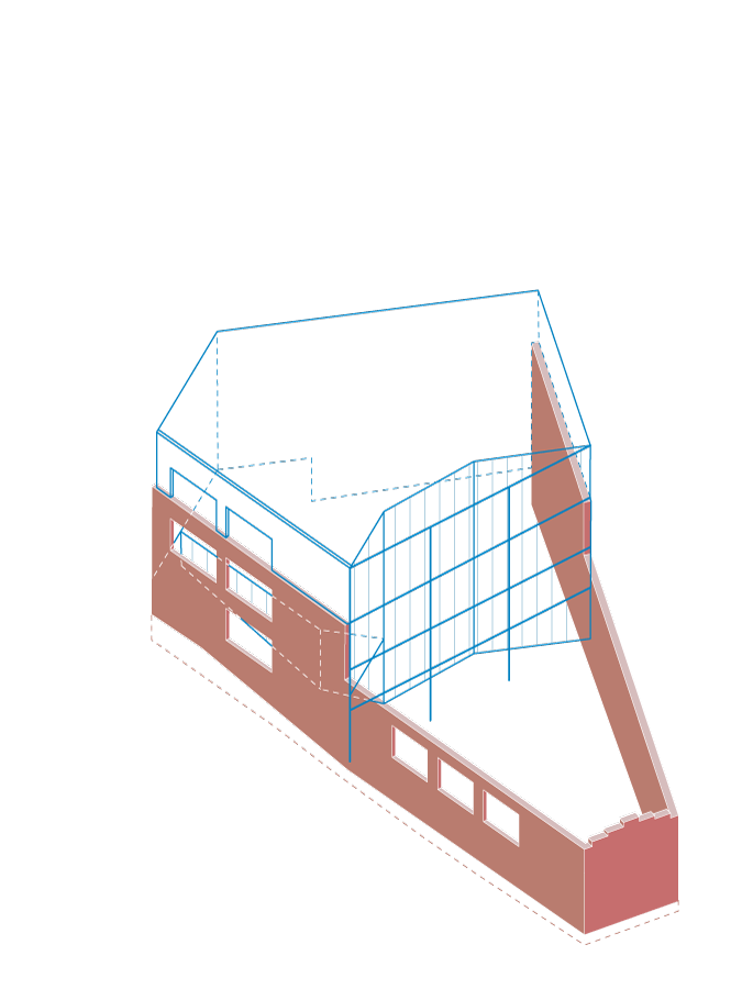 axonometrc diagram showing skin concept of old and new of Masuistraat project in Brussels by beta evert klinkenberg auguste gus van oppen and kaderstudio