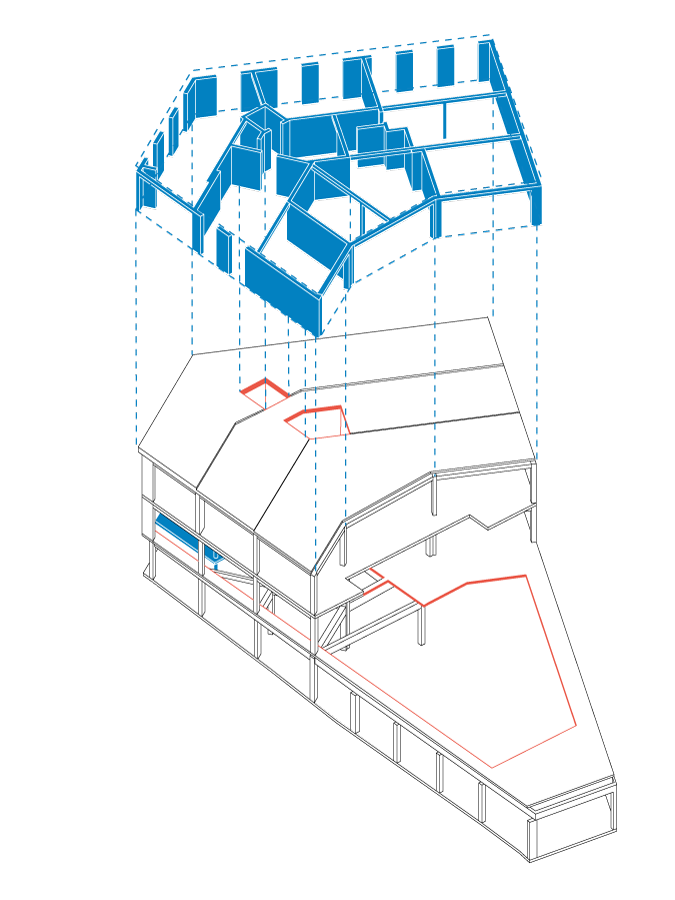 axonometrc diagram showing structural principle of Masuistraat project in Brussels by beta evert klinkenberg auguste gus van oppen and kaderstudio