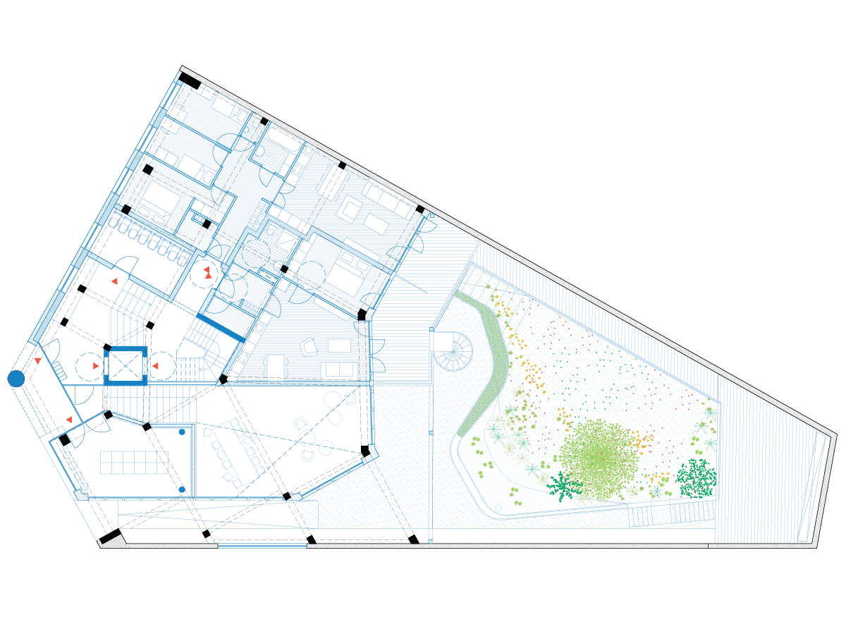 plan drawing of ground floor of Masuistraat project in Brussels by beta evert klinkenberg auguste gus van oppen and kaderstudio