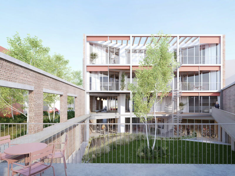 render of porous rear façade of Masuistraat project in Brussels by beta evert klinkenberg auguste gus van oppen and kaderstudio