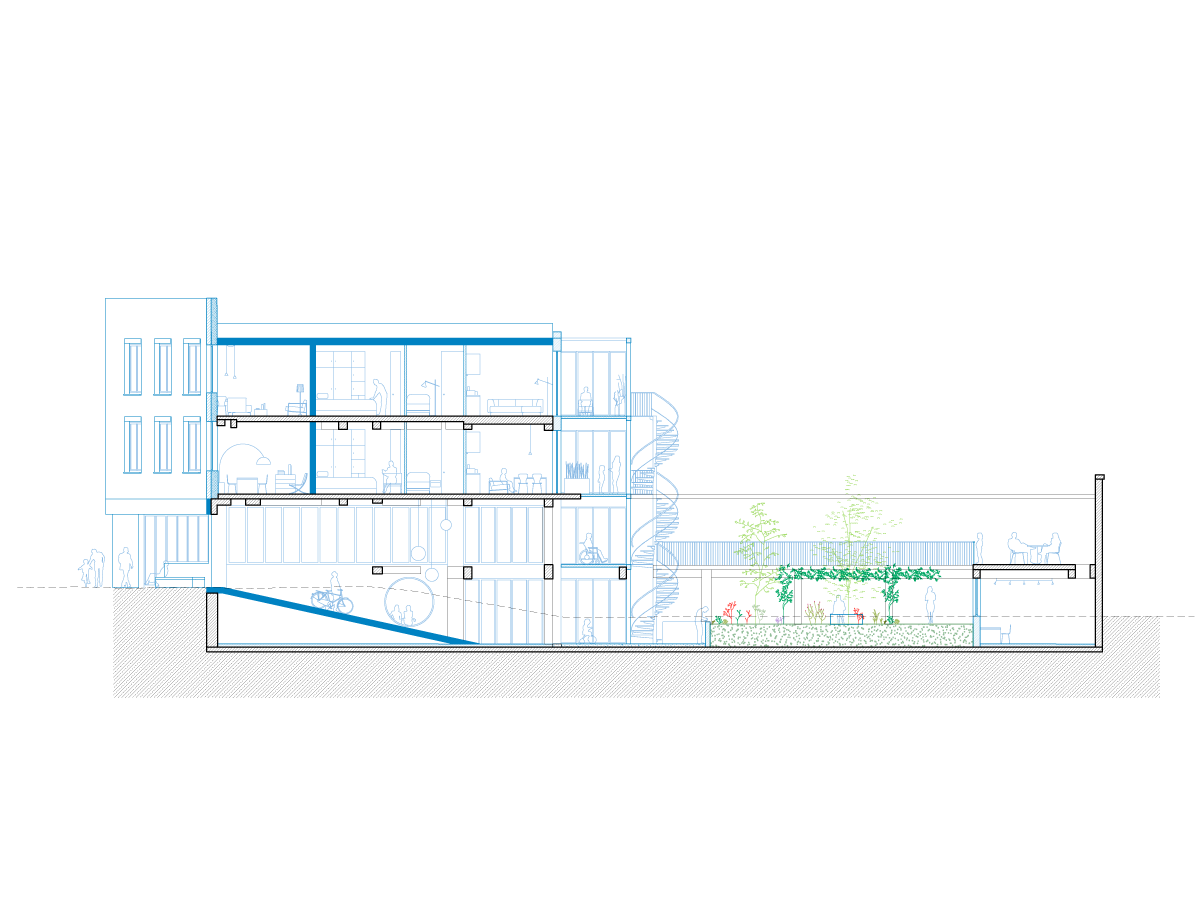 section drawing of Masuistraat project in Brussels by beta evert klinkenberg auguste gus van oppen and kaderstudio