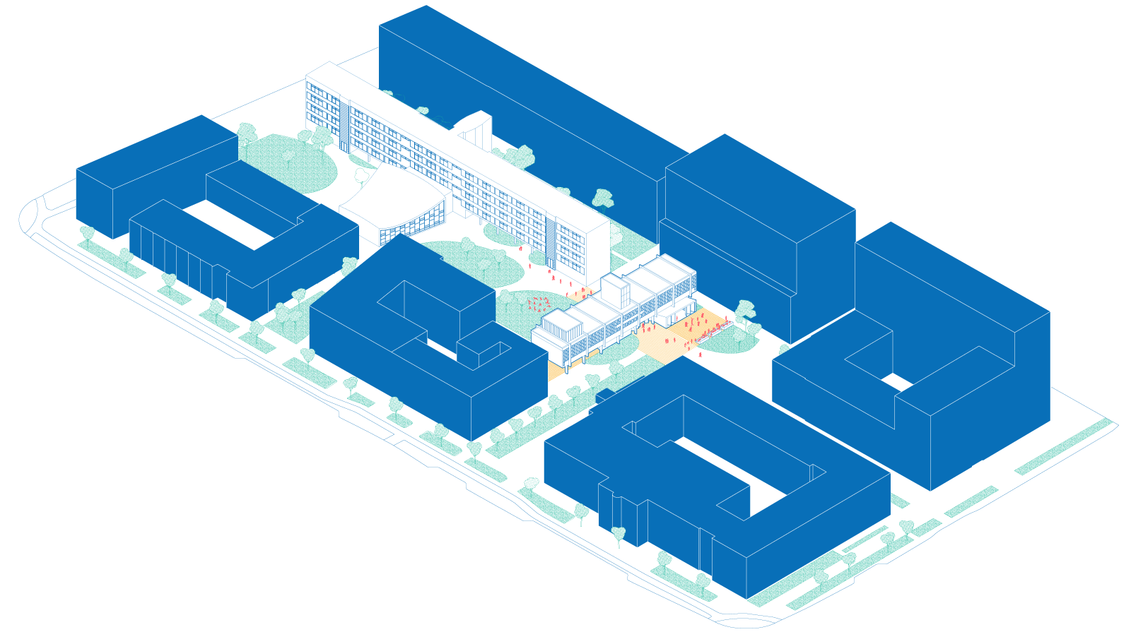 urban axonometric of Podium Lely, project by BETA architects Amsterdam Evert Klinkenberg Auguste Gus van Oppen in collaboration with OUEST