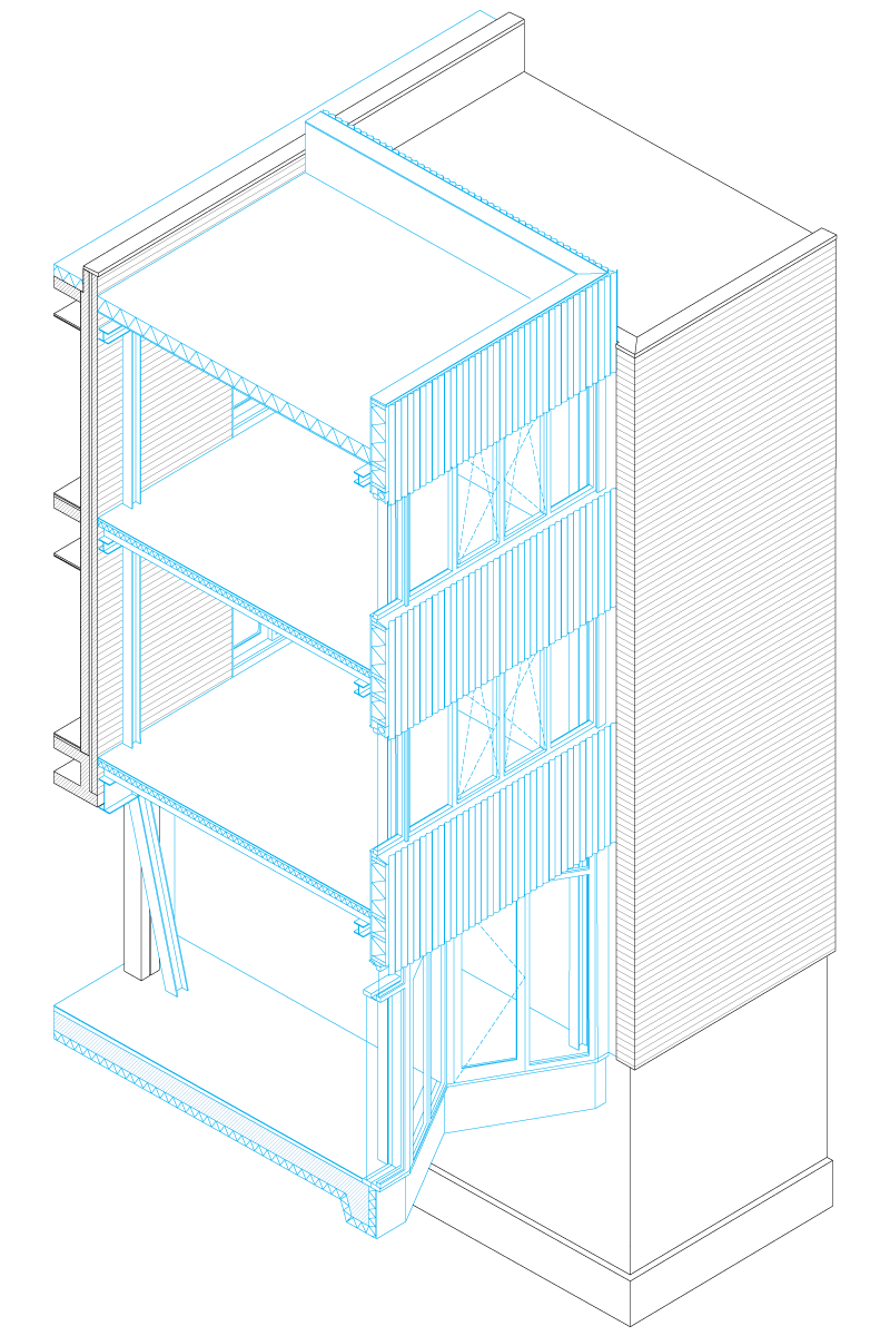 isometric detail illustration showing how new and old meet at Station Wildeman project in Amsterdam by beta evert klinkenberg auguste gus van oppen