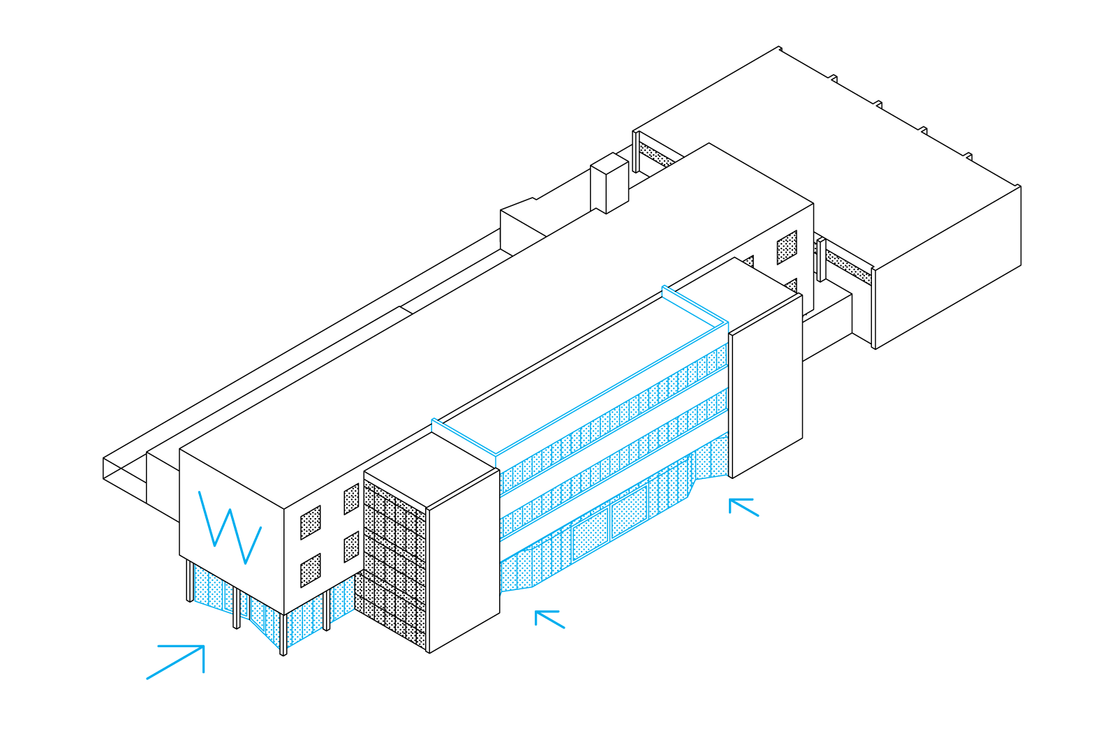 isometric scheme of new situation showing prominent entrances of Station Wildeman project in Amsterdam by beta evert klinkenberg auguste gus van oppen