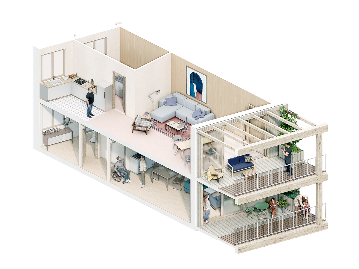 axonometric illustration of intergenerational apartment at Strandeiland M3, project by BETA architects Amsterdam Evert Klinkenberg Auguste Gus van Oppen