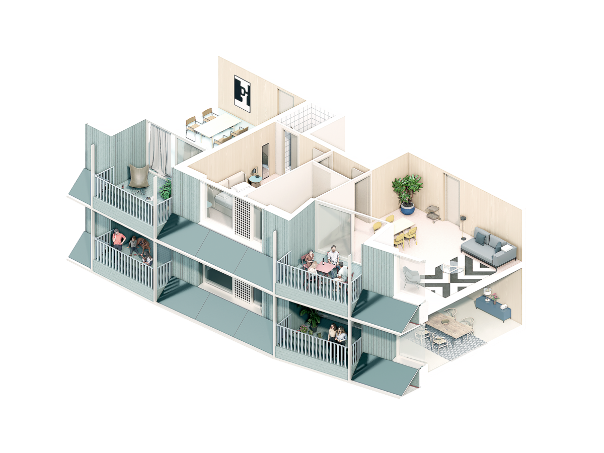 axonometric illustration of veranda apartment at Strandeiland M3, project by BETA architects Amsterdam Evert Klinkenberg Auguste Gus van Oppen