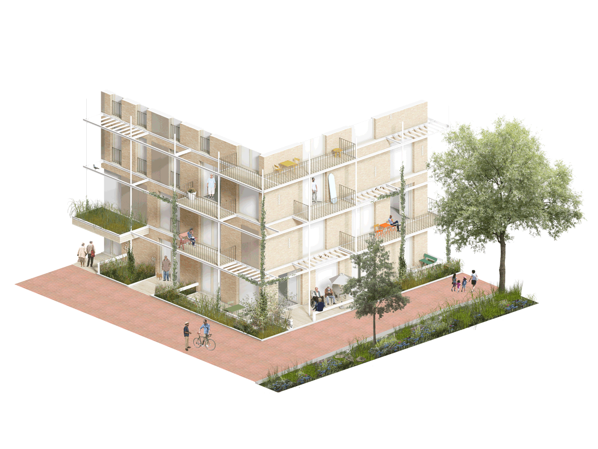 axonometric illustration of margin zone principles at Strandeiland M3, project by BETA architects Amsterdam Evert Klinkenberg Auguste Gus van Oppen, image by MeesVisser