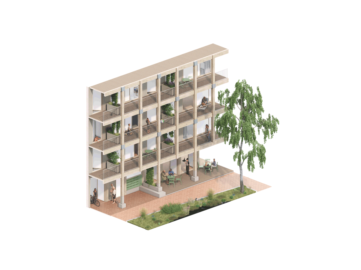 axonometric illustration of margin zone principles at Strandeiland M3, project by BETA architects Amsterdam Evert Klinkenberg Auguste Gus van Oppen