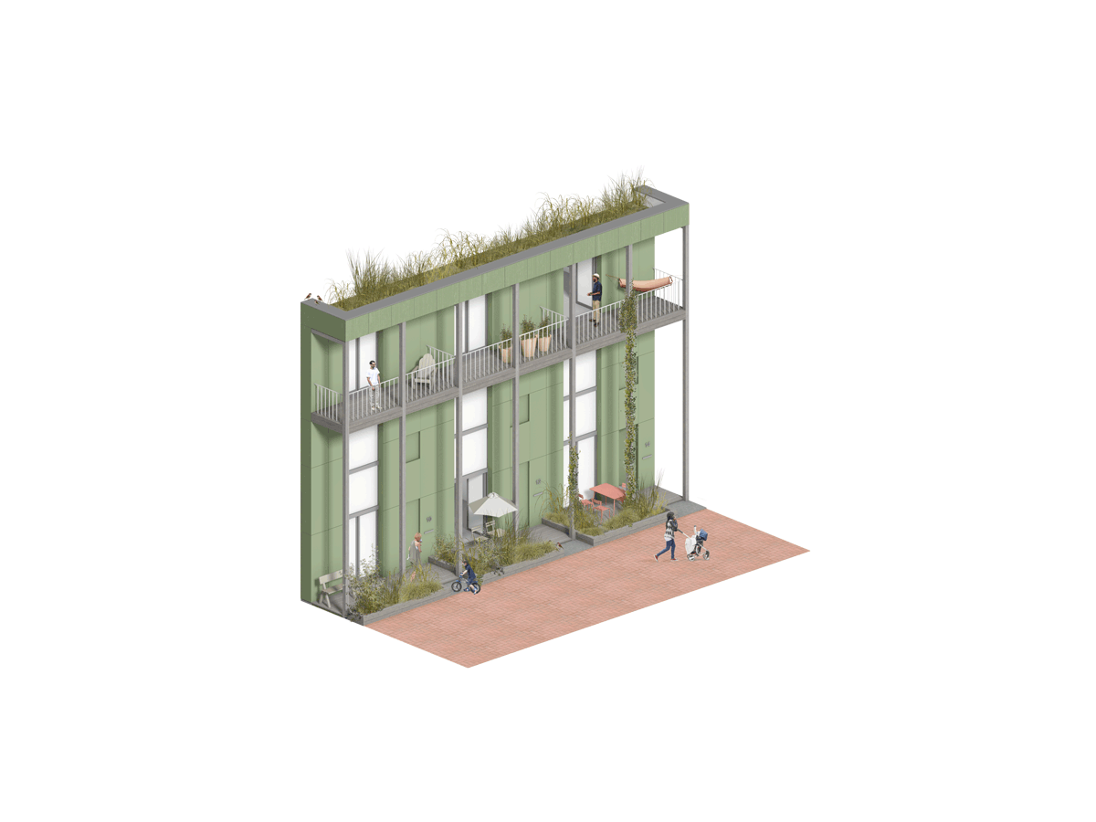 axonometric illustration of margin zone principles at Strandeiland M3, project by BETA architects Amsterdam Evert Klinkenberg Auguste Gus van Oppen, image by MeesVisser