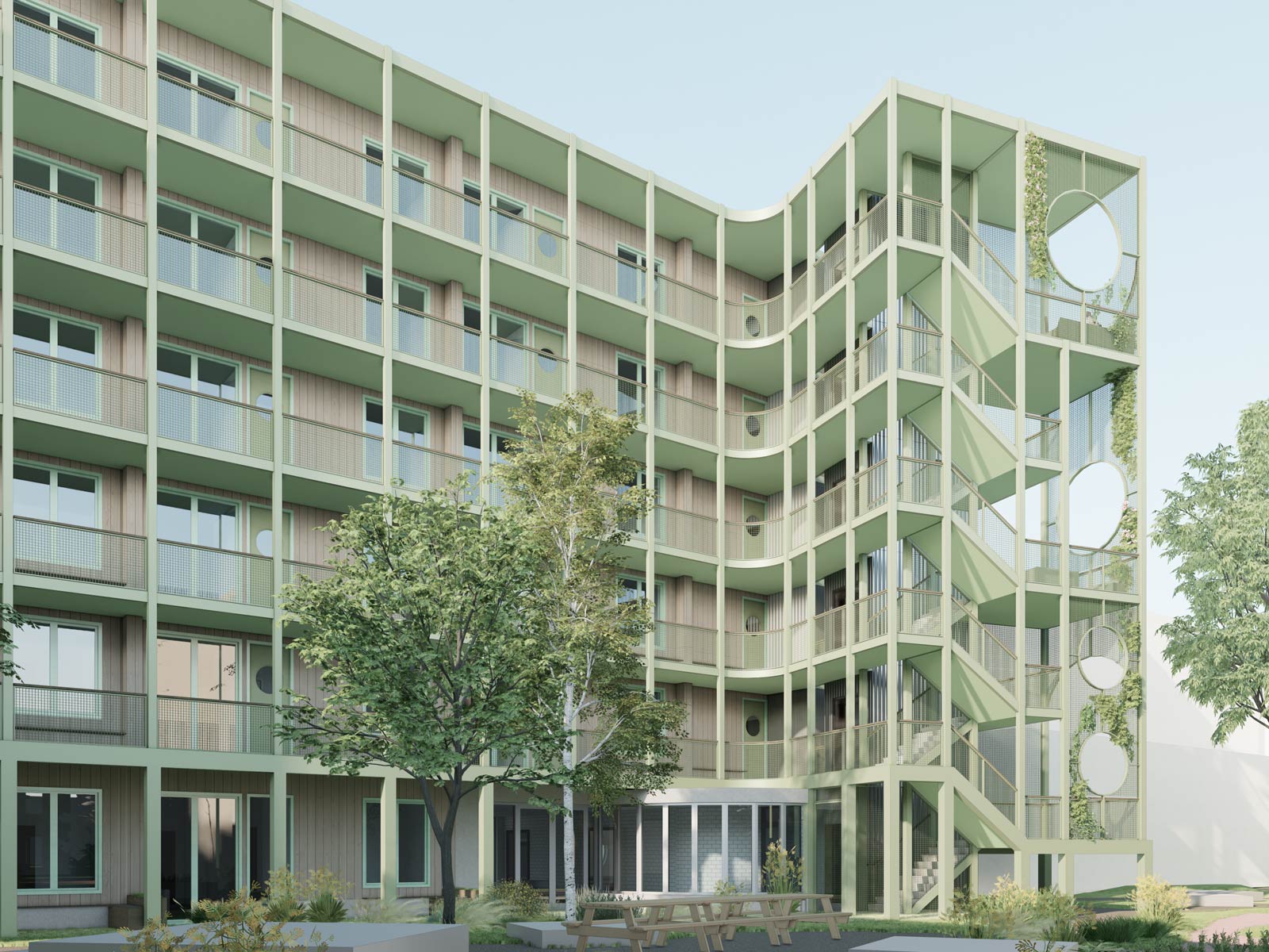 click to enlarge and start slideshow render of courtyard façade of building 3 of Strandeiland Social, project by BETA architects Amsterdam Evert Klinkenberg Auguste Gus van Oppen