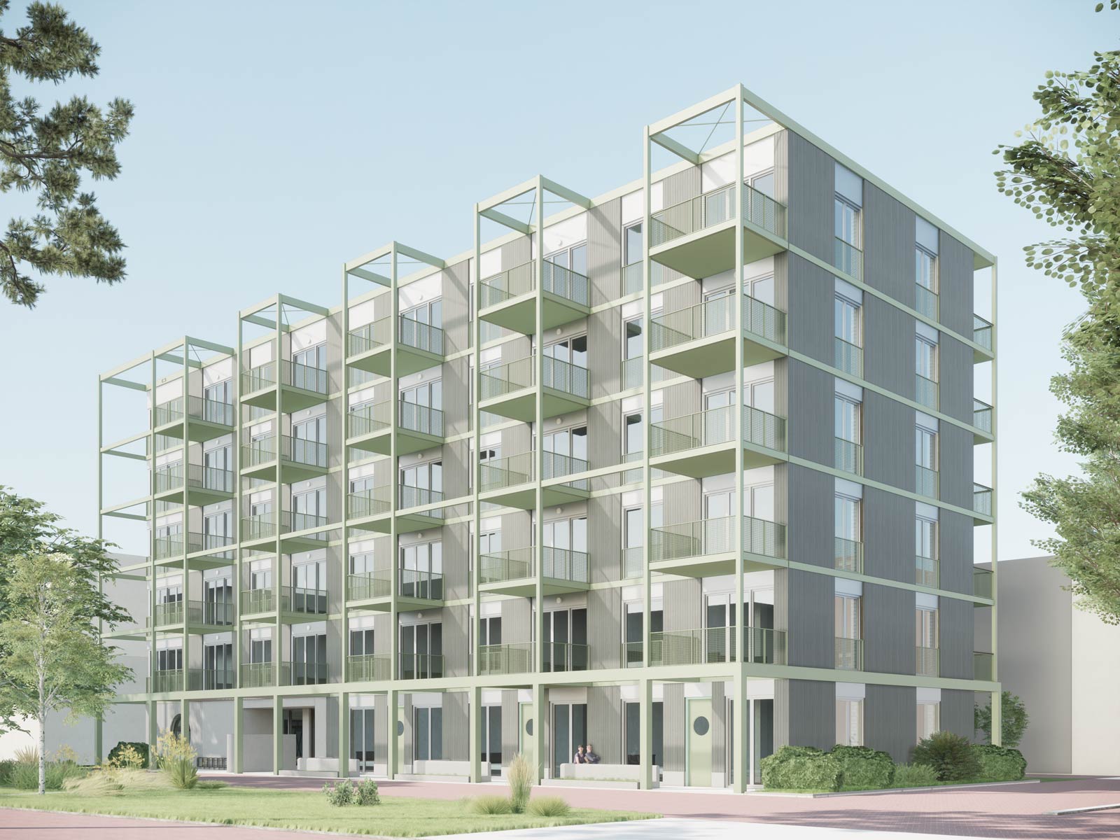 render of street façade of building 3 of Strandeiland Social, project by BETA architects Amsterdam Evert Klinkenberg Auguste Gus van Oppen
