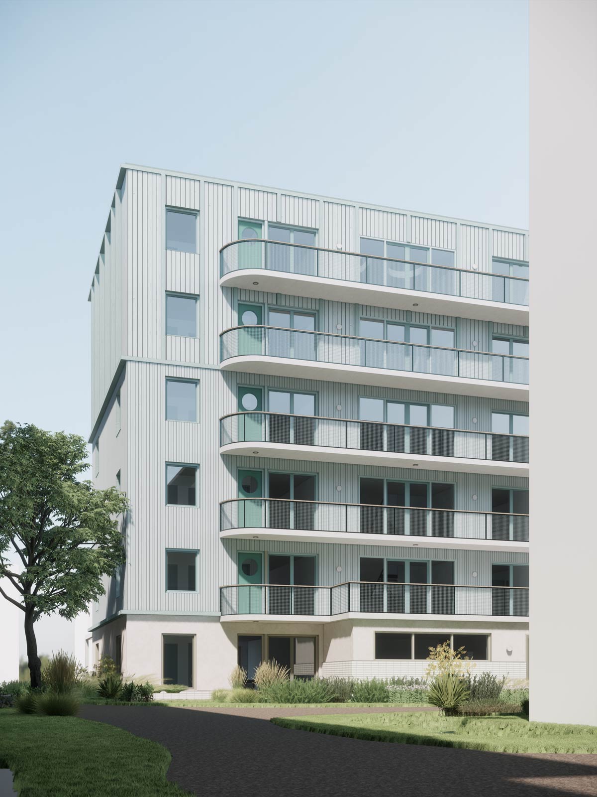 render of courtyard façade of building 8 of Strandeiland Social, project by BETA architects Amsterdam Evert Klinkenberg Auguste Gus van Oppen