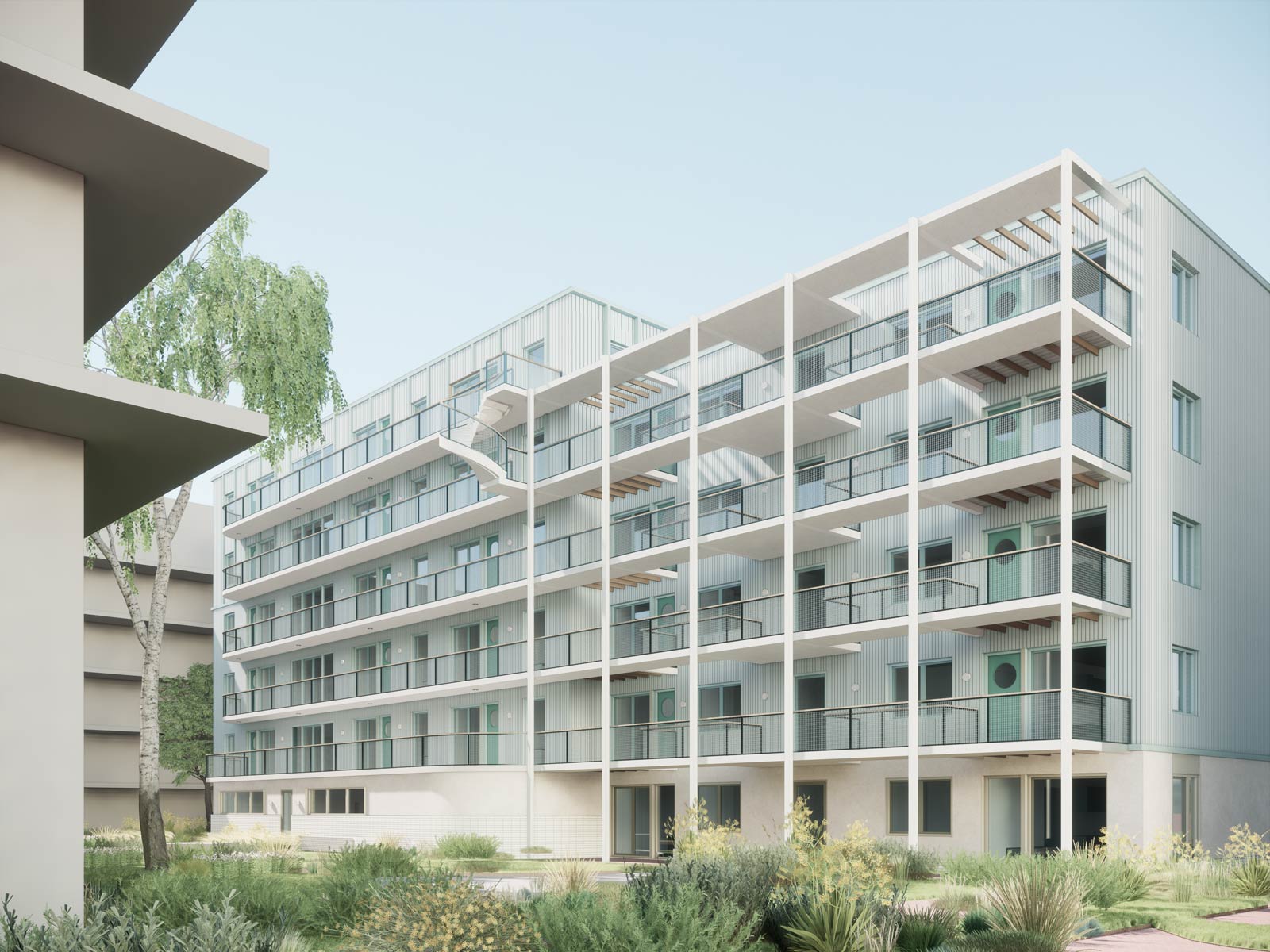 render of courtyard façade of building 8 of Strandeiland Social, project by BETA architects Amsterdam Evert Klinkenberg Auguste Gus van Oppen